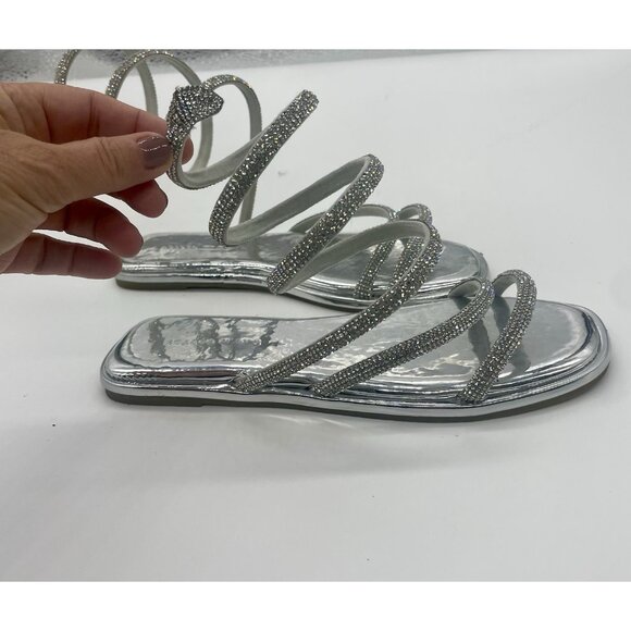 Azalea Wang Silver Rhinestone Ankle Wrap Strappy Sandals Women's Sz 7 Gladiator - Picture 4 of 5